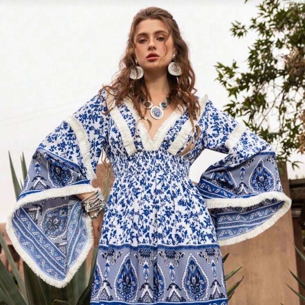Faeriesty boho shirred waist flounced sleeve blue & white maxi dress. - Picture 3 of 9
